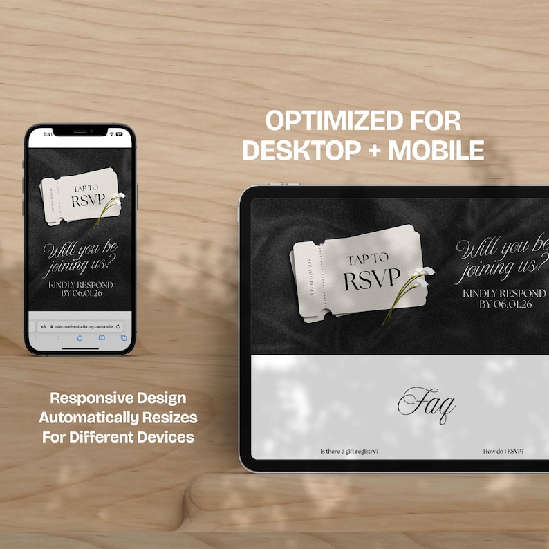 May include: A smartphone and tablet display a wedding invitation design. The invitation features a ticket that says "Tap to RSVP" and the text "Will you be joining us? Kindly respond by 06.01.26." The design is optimized for desktop and mobile.