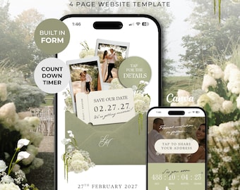 Sage Floral Save the Date Website with RSVP/Details: Canva Digital Invitation Template (Digital Download)