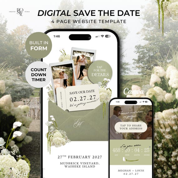 Sage Floral Save the Date Website with RSVP/Details: Canva Digital Invitation Template (Digital Download)