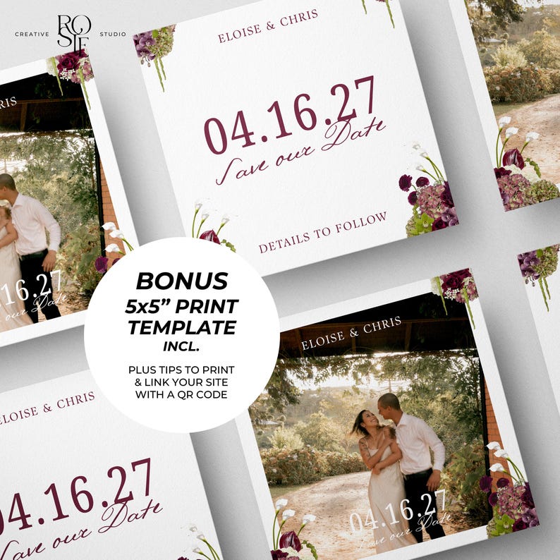 Op de afbeelding: Een vierkante save-the-date trouwkaart sjabloon met de namen Eloise & Chris, de datum 04.16.27 en de tekst Save our Date en Details to Follow. Het ontwerp bevat florale accenten in tinten van diep bordeauxrood en groen.