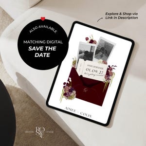 May include: A digital tablet displaying a wedding save the date design featuring a deep burgundy envelope, two black and white polaroid-style photos, and floral accents. The text reads SAVE OUR DATE 01.09.27 We're getting married! AIMEE + COLIN.