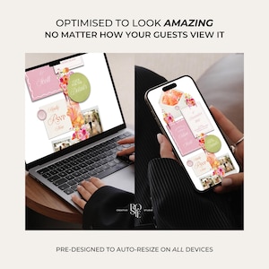 Puede incluir: Un ordenador port&aacute;til y un smartphone muestran plantillas de invitaci&oacute;n de boda digitales con gr&aacute;ficos florales, acentos rosas y verdes, y texto que incluye "Kindly RSVP Here" y "Click for the Details." El texto "OPTIMISED TO LOOK AMAZING NO MATTER HOW YOUR GUESTS VIEW IT" y "PRE-DESIGNED TO AUTO-RESIZE ON ALL DEVICES" es visible.