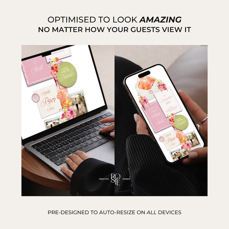 Puede incluir: Un ordenador port&aacute;til y un smartphone muestran plantillas de invitaci&oacute;n de boda digitales con gr&aacute;ficos florales, acentos rosas y verdes, y texto que incluye "Kindly RSVP Here" y "Click for the Details." El texto "OPTIMISED TO LOOK AMAZING NO MATTER HOW YOUR GUESTS VIEW IT" y "PRE-DESIGNED TO AUTO-RESIZE ON ALL DEVICES" es visible.