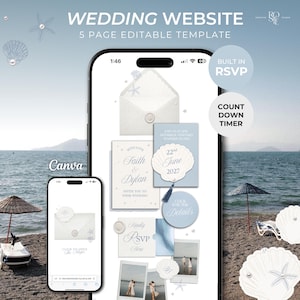 Könnte beinhalten: Eine digitale Hochzeits-Website-Vorlage auf zwei Smartphones, bestehend aus fünf bearbeitbaren Seiten mit Küstenmotiv. Das Design umfasst hellblaue und weiße Farben, Muschelgrafiken, Perlen und Text wie Wedding Website, 5 Page Editable Template, Built In RSVP, Count Down Timer und Faith & Dylan.
