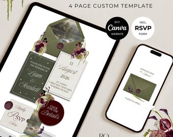 Olive Green & Burgundy Floral Wedding Website Template with RSVP: Editable Canva Design (Digital Download)