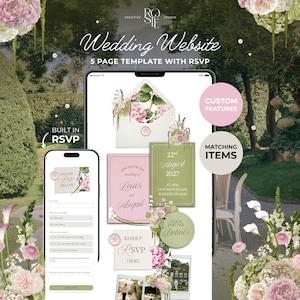 Puede incluir: Una plantilla de sitio web de bodas digital en una tableta y un teléfono inteligente, con ilustraciones florales, esquemas de color rosa y verde salvia, y texto que incluye Wedding Website, 5 Page Template With RSVP, Louis and Abigail y 22nd August 2027.