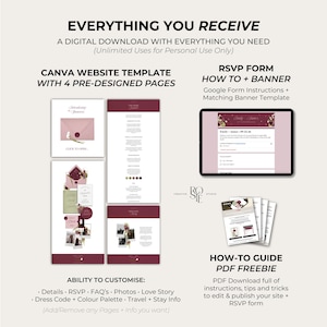 May include: Digital download with everything needed, including a Canva website template with four pre-designed pages, an RSVP form, and a how-to guide PDF. The design features a burgundy and cream color scheme with floral accents.