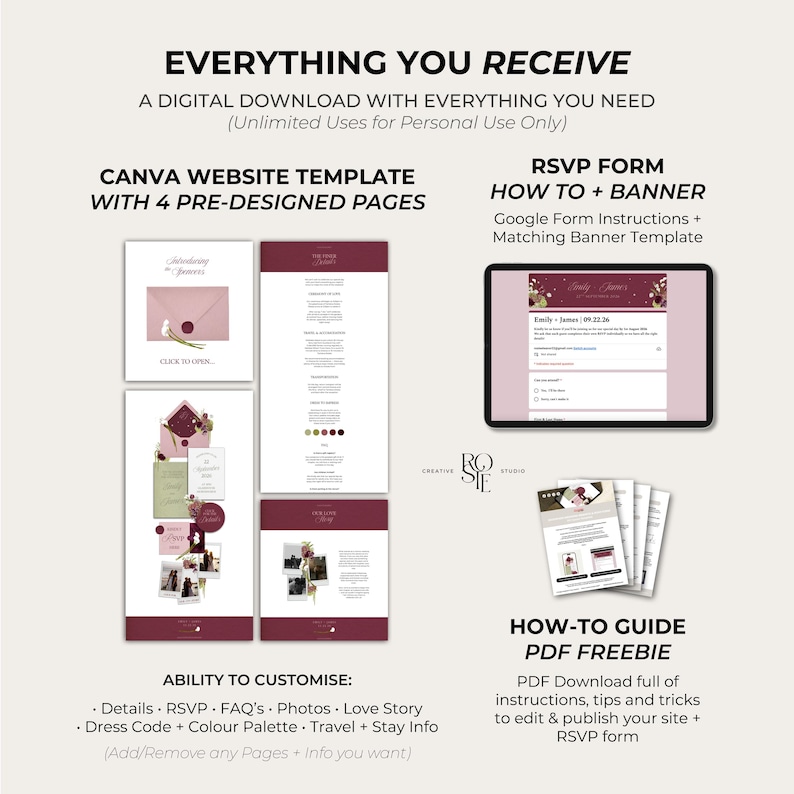 May include: Digital download with everything needed, including a Canva website template with four pre-designed pages, an RSVP form, and a how-to guide PDF. The design features a burgundy and cream color scheme with floral accents.
