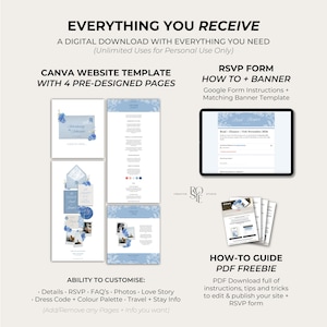 Puede incluir: Un conjunto de descarga digital que incluye una plantilla de sitio web de Canva con cuatro p&aacute;ginas predise&ntilde;adas, un formulario RSVP de Google con un banner a juego y una gu&iacute;a en PDF. El dise&ntilde;o presenta detalles florales azules.