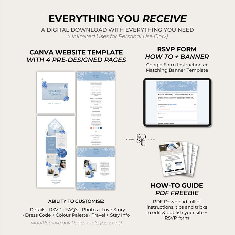 Puede incluir: Un conjunto de descarga digital que incluye una plantilla de sitio web de Canva con cuatro p&aacute;ginas predise&ntilde;adas, un formulario RSVP de Google con un banner a juego y una gu&iacute;a en PDF. El dise&ntilde;o presenta detalles florales azules.