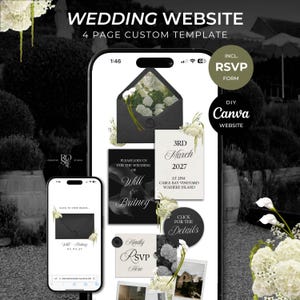 Black, Ivory & Green Floral Wedding Website Template with RSVP: Editable Canva Design (Digital Download)