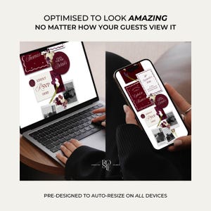 May include: A digital wedding invitation suite displayed on a laptop and smartphone screen, featuring deep burgundy and white color schemes with floral accents. The text includes "Thomas", "Kindly RSVP Here", "Click for the Details", and "28th September 2026".