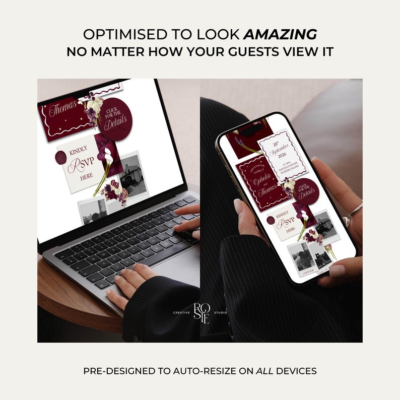 May include: A digital wedding invitation suite displayed on a laptop and smartphone screen, featuring deep burgundy and white color schemes with floral accents. The text includes "Thomas", "Kindly RSVP Here", "Click for the Details", and "28th September 2026".