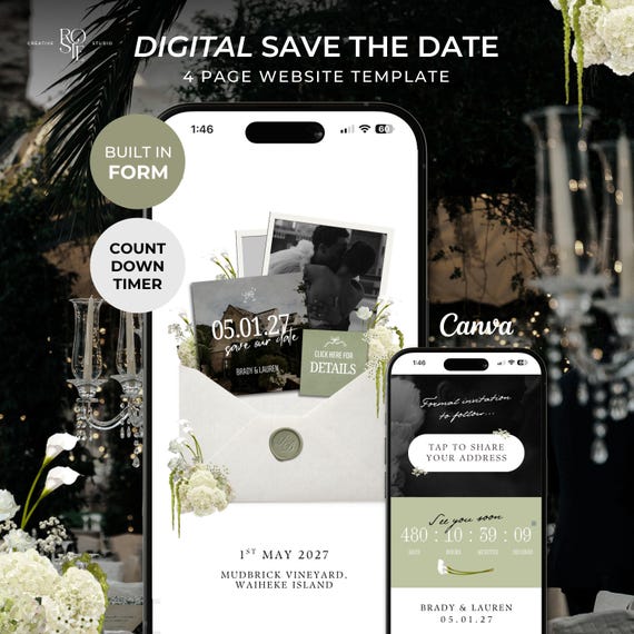 Sage Green & Ivory Save the Date Website: Canva Wedding Invitation Template (Digital Download)