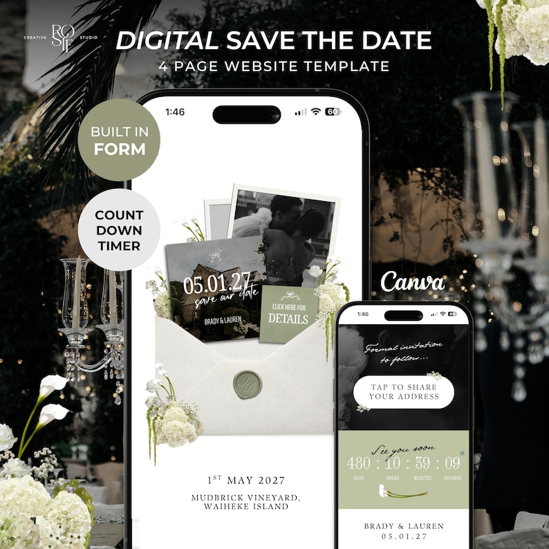 May include: A digital save the date 4-page website template for mobile phones. The design features an envelope with a wax seal, floral accents, and a countdown timer. Text includes "Digital Save The Date," "Built In Form," "Click Here For Details," and "Tap To Share Your Address."