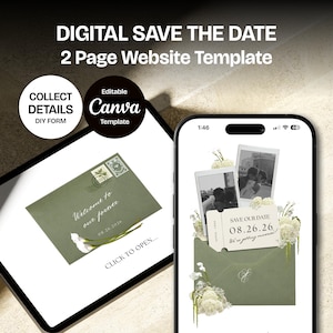 May include: A digital wedding website template shown on a tablet and smartphone. The design features a green envelope with the text "Welcome to our forever" and the date "08.26.26". The template includes the text "DIGITAL SAVE THE DATE" and "2 Page Website Template".