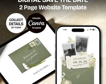 Sage Floral Save the Date Website with RSVP/Details: Canva Digital Invitation Template (Digital Download)
