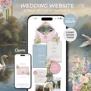 Blush Pink & Blue Floral Wedding Website Template with RSVP: Editable Canva Design (Digital Download)