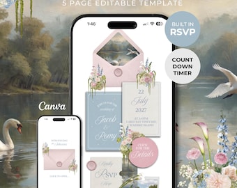 May include: A digital wedding website template displayed on two smartphones, featuring a soft color palette of pink, blue, and cream. The design includes floral illustrations, an envelope graphic, and text elements like "Wedding Website" and "RSVP."