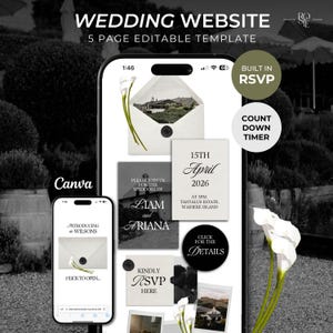May include: A smartphone screen shows a wedding website template with a clean design. The template includes RSVP and countdown timer features, plus wedding information. The design incorporates floral accents and a neutral colour scheme.