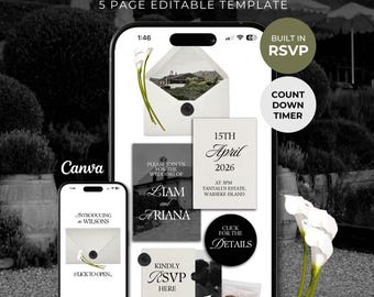 Ivory & Black Minimal Floral Wedding Website Template with RSVP: Editable Canva Design (Digital Download)