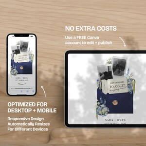 May include: A digital wedding invitation design displayed on a smartphone and tablet. The design features a navy blue envelope with a gold seal, two black and white photos, and floral accents. Text includes "SAVE OUR DATE" and names.