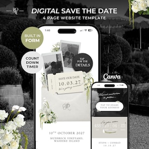 Peut inclure: Un modèle de site web "save the date" numérique de 4 pages affiché sur deux smartphones. Le design comprend une enveloppe, des photos polaroïd, des accents floraux et du texte dont "Save Our Date 10.03.27" et "Tap for the details" avec un minuteur.