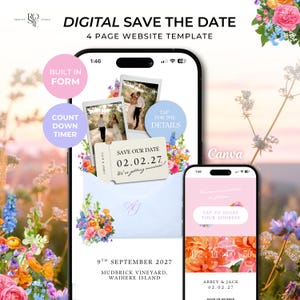Pode incluir: Um modelo de site digital de 4 p&aacute;ginas para save the date exibido em dois smartphones. As telas apresentam gr&aacute;ficos florais, duas molduras de fotos, um gr&aacute;fico estilo bilhete com o texto 02.02.27 e um temporizador de contagem regressiva.