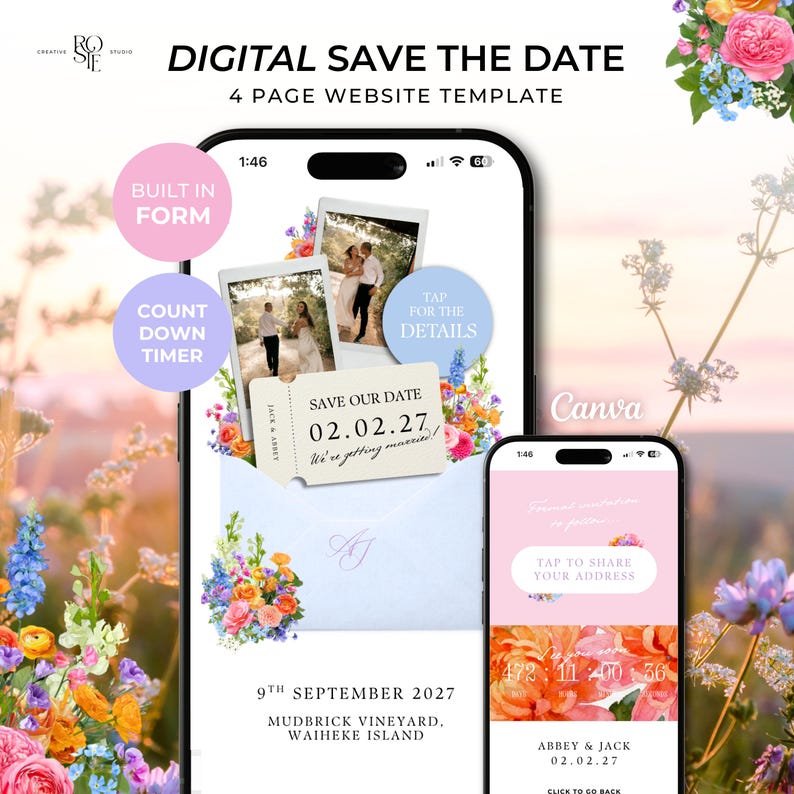 Pode incluir: Um modelo de site digital de 4 p&aacute;ginas para save the date exibido em dois smartphones. As telas apresentam gr&aacute;ficos florais, duas molduras de fotos, um gr&aacute;fico estilo bilhete com o texto 02.02.27 e um temporizador de contagem regressiva.