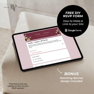 May include: A digital tablet displays a wedding RSVP form with the names "Emily + James" and the date "12th September 2026". The form includes fields for guests to respond. A bonus matching banner design is included.