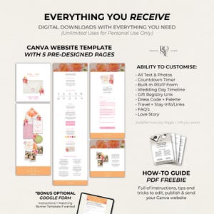 Puede incluir: Una plantilla de sitio web Canva para bodas con cinco p&aacute;ginas predise&ntilde;adas y detalles florales. Incluye una gu&iacute;a PDF, texto y fotos personalizables, temporizador de cuenta regresiva, formulario RSVP, cronograma, lista de regalos y un formulario Google.