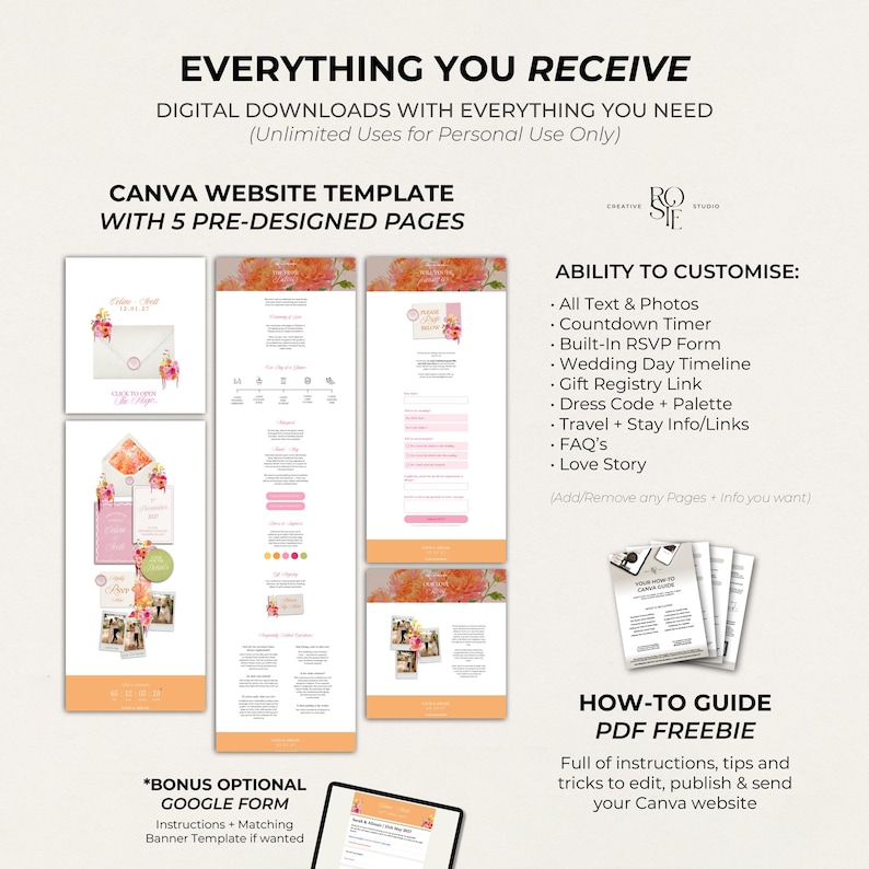 Puede incluir: Una plantilla de sitio web Canva para bodas con cinco p&aacute;ginas predise&ntilde;adas y detalles florales. Incluye una gu&iacute;a PDF, texto y fotos personalizables, temporizador de cuenta regresiva, formulario RSVP, cronograma, lista de regalos y un formulario Google.