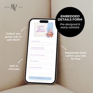Może przedstawiać: Ekran smartfona wyświetlający cyfrowy formularz RSVP z tekstem Share Your Address, grafiką kwiatową, polami na imiona gości, dane kontaktowe, adres pocztowy oraz niebieskim przyciskiem Submit RSVP na dole.