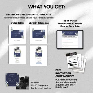 May include: A digital wedding template set with website templates, an RSVP form, and a bonus 5"x5" template for printed invites. The set includes a free instruction guide. The text includes "WHAT YOU GET" and "SARA RYAN 10.03.27".