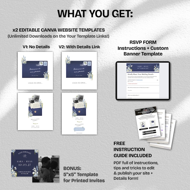 May include: A digital wedding template set with website templates, an RSVP form, and a bonus 5"x5" template for printed invites. The set includes a free instruction guide. The text includes "WHAT YOU GET" and "SARA RYAN 10.03.27".