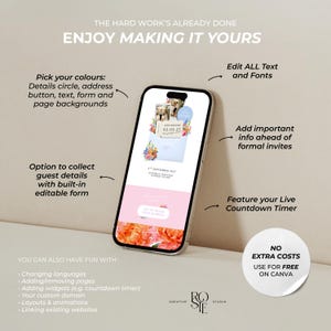 Pode incluir: Um smartphone exibindo um modelo de convite de casamento digital com gr&aacute;ficos florais, um temporizador de contagem regressiva e um formul&aacute;rio edit&aacute;vel. O texto na tela inclui THE HARD WORK'S ALREADY DONE, ENJOY MAKING IT YOURS e NO EXTRA COSTS USE FOR FREE ON CANVA.