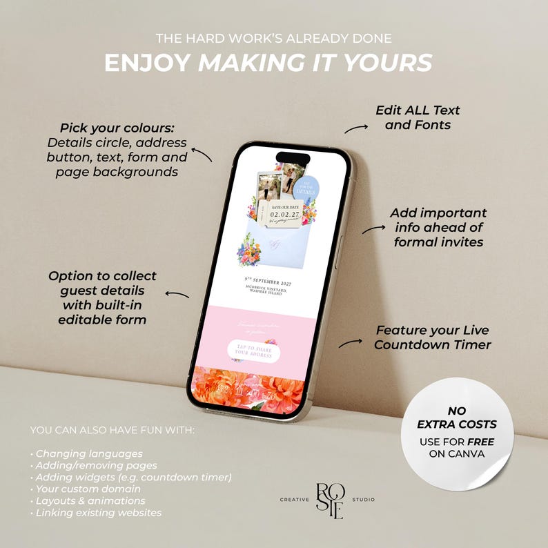 Pode incluir: Um smartphone exibindo um modelo de convite de casamento digital com gr&aacute;ficos florais, um temporizador de contagem regressiva e um formul&aacute;rio edit&aacute;vel. O texto na tela inclui THE HARD WORK'S ALREADY DONE, ENJOY MAKING IT YOURS e NO EXTRA COSTS USE FOR FREE ON CANVA.