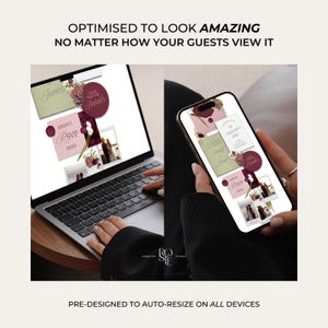 May include: A laptop and smartphone displaying a wedding invitation design. The design features floral accents, photos, and text including "James", "Kindly RSVP Here", and "Click for the Details". The text "OPTIMISED TO LOOK AMAZING" is at the top.