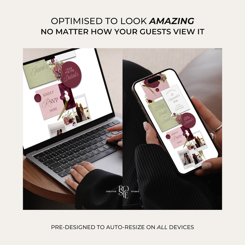 May include: A laptop and smartphone displaying a wedding invitation design. The design features floral accents, photos, and text including "James", "Kindly RSVP Here", and "Click for the Details". The text "OPTIMISED TO LOOK AMAZING" is at the top.