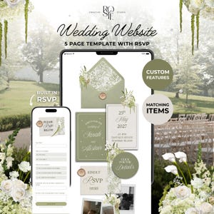 May include: A digital wedding website 5-page template with RSVP featuring sage green and white floral stationery designs. The display shows mobile and tablet screens with text including Wedding Website, 5 PAGE TEMPLATE WITH RSVP, and Sarah and Alistair.