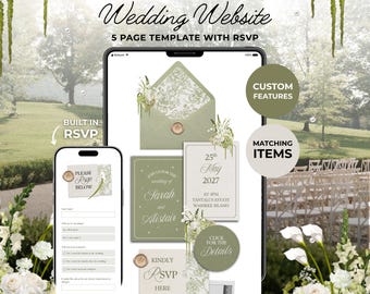 May include: A digital wedding website template featuring five pages and an RSVP form. The design includes sage green and cream stationery elements, floral accents, wax seals, and text displaying wedding details for Sarah and Alistair.