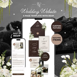Espresso Brown & Ivory Floral Wedding Website with RSVP Function: Editable Canva Template (Digital Download)