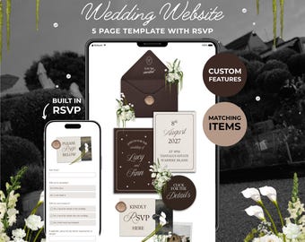 May include: A digital wedding website template displayed on two mobile devices, featuring five pages and a built-in RSVP form. The design includes dark brown and cream stationery elements, floral accents, and text reading Wedding Website 5 PAGE TEMPLATE WITH RSVP.
