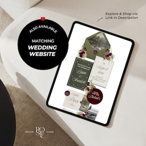 May include: A digital tablet displaying a wedding invitation suite featuring an olive green envelope, floral accents, and cards with the text Liam & Scarlett, 11 August 2026, and RSVP. The screen includes text stating Also Available Matching Wedding Website.