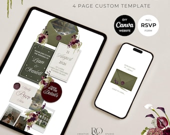 Olive Green & Burgundy Floral Wedding Website Template with RSVP: Editable Canva Design (Digital Download)