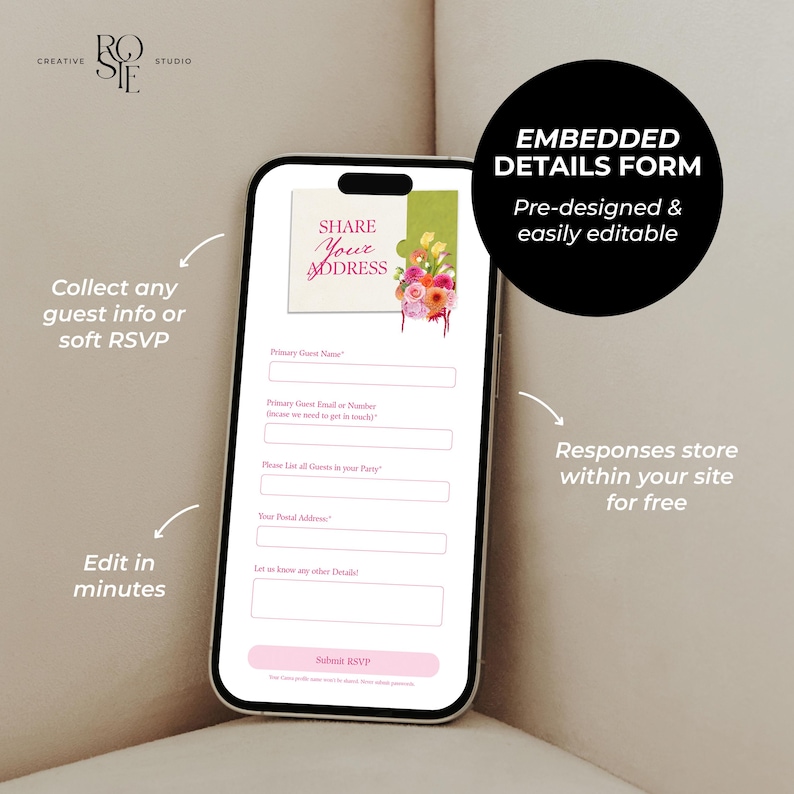 May include: A smartphone screen displaying a digital RSVP form with the text Share Your Address and a floral graphic. The form includes fields for guest name, contact information, party size, postal address, and a submit button in pink.