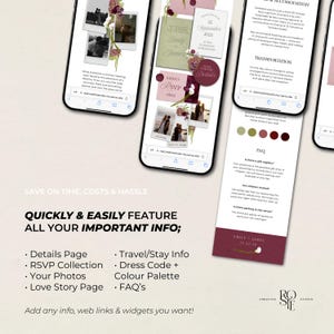 May include: Screenshots of a wedding website on mobile phones. The website features wedding details, RSVP information, photos, and FAQs. The design includes floral accents and a color palette of burgundy, green, and cream.