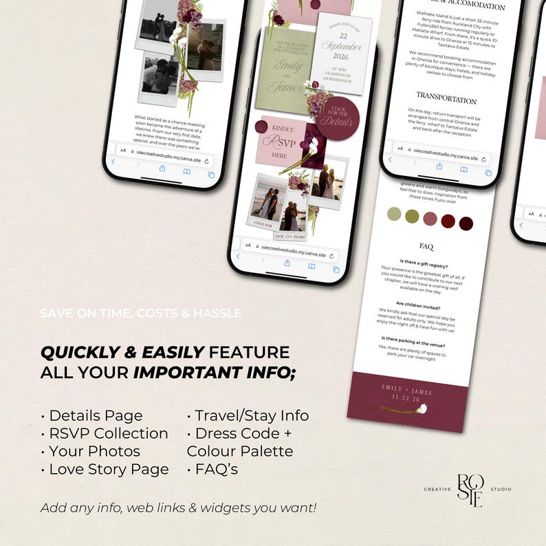 May include: Screenshots of a wedding website on mobile phones. The website features wedding details, RSVP information, photos, and FAQs. The design includes floral accents and a color palette of burgundy, green, and cream.