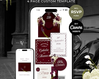Burgundy Floral Wedding Website Template with RSVP: Editable Canva Design (Digital Download)