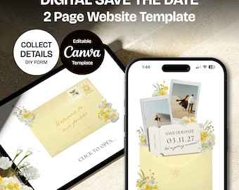 Yellow Save the Date Website with RSVP/Details: Canva Digital Invitation Template (Digital Download)
